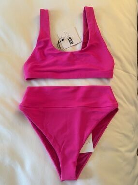 Beach Riot Hot Pink Ribbed Bikini Top and Bottom swim